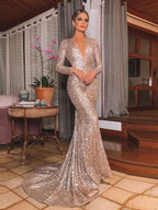 Splendidi Abiti da Sera con Scollatura a V, Maniche Lunghe, Paillettes da Sirena e Volant