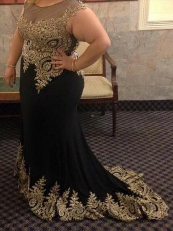 Wunderschöne Meerjungfrau transparenter Hals ärmellose Applikation Chiffon Plus Size Ballkleider