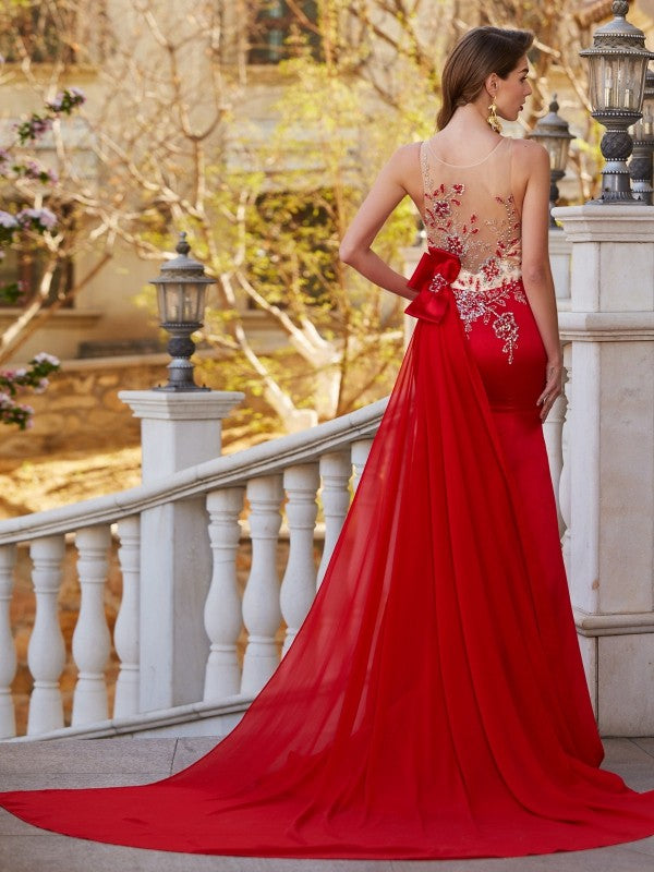 Robe de bal magnifique sirène à col transparent, sans manches, traîne courte, ornée d'appliques en satin