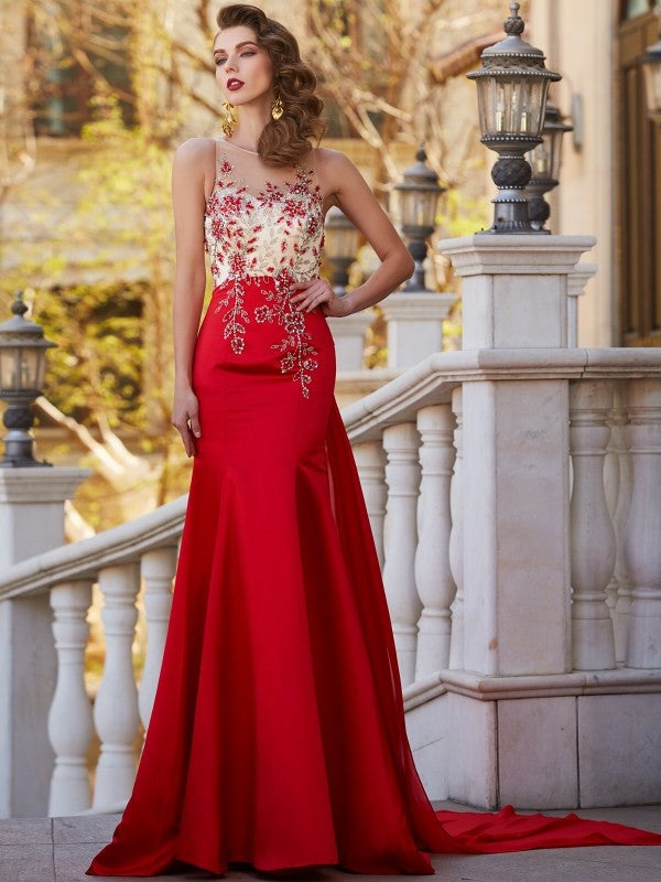 Robe de bal magnifique sirène à col transparent, sans manches, traîne courte, ornée d'appliques en satin