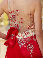 Robe de bal magnifique sirène à col transparent, sans manches, traîne courte, ornée d'appliques en satin
