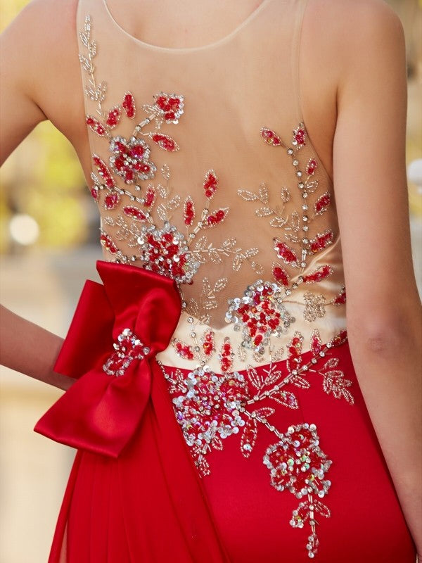 Robe de bal magnifique sirène à col transparent, sans manches, traîne courte, ornée d'appliques en satin
