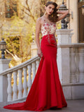 Robe de bal magnifique sirène à col transparent, sans manches, traîne courte, ornée d'appliques en satin
