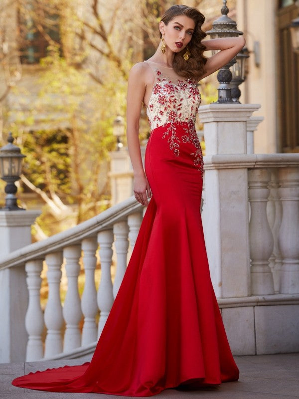 Robe de bal magnifique sirène à col transparent, sans manches, traîne courte, ornée d'appliques en satin