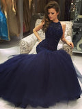 Superbe robe de bal sirène sans manches longue jusqu'au sol en tulle ornée de perles précieuses