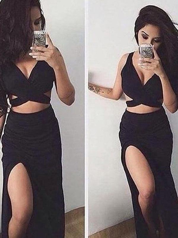 Superbe robe de bal deux pièces en spandex, sans manches, longue jusqu'au sol, col en V, style sirène