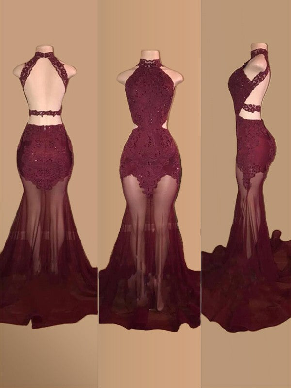 Superbes robes de bal sans manches à col licou, traîne courte, en tulle avec appliques, style sirène
