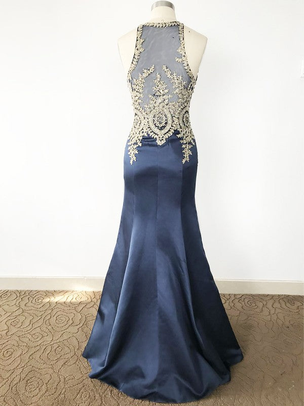 Hermosos vestidos de fiesta de satén con apliques redondos y sin mangas de sirena