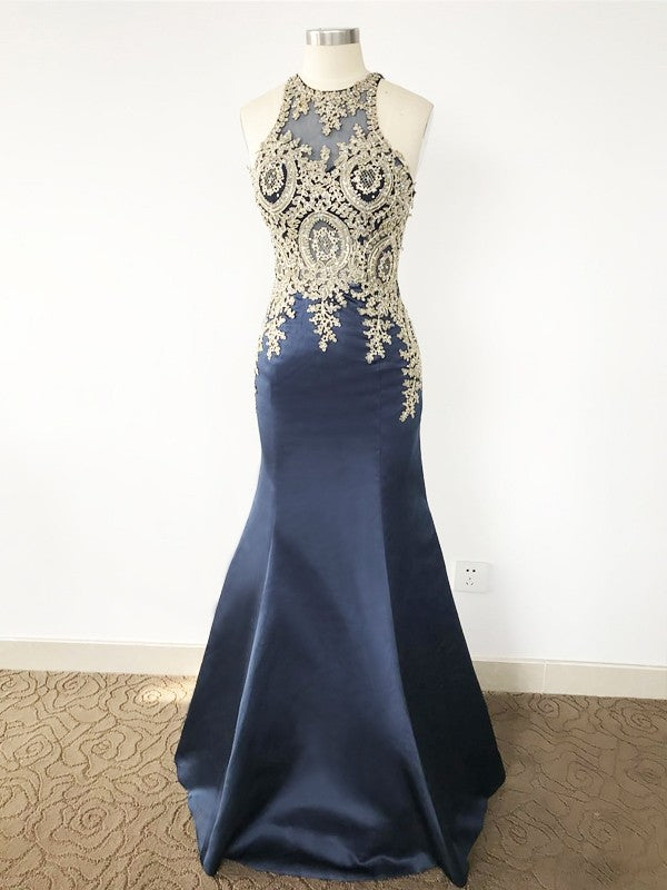 Hermosos vestidos de fiesta de satén con apliques redondos y sin mangas de sirena