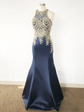 Hermosos vestidos de fiesta de satén con apliques redondos y sin mangas de sirena