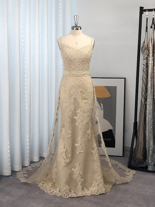 Superbes robes de bal sans manches à bretelles en dentelle et tulle sirène