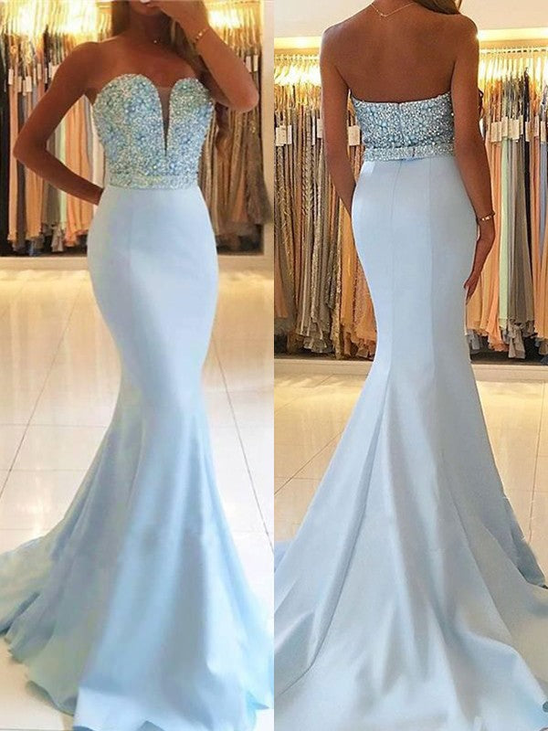 Superbes robes de bal en satin sans manches à décolleté cœur ornées de perles, style sirène