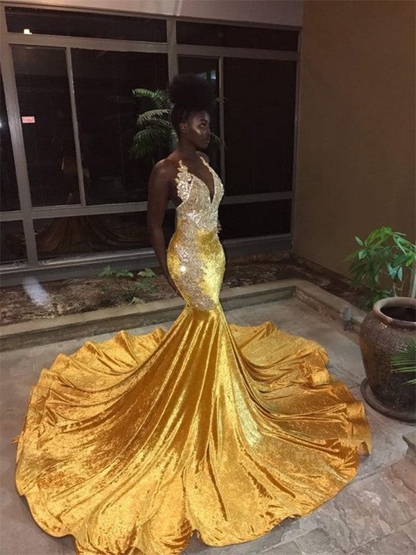 Vestidos de Baile de Veludo com Renda, Decote em V, Sem Mangas, Cauda de Corte, Estilo Sereia Deslumbrante
