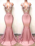 Superbes robes de bal en satin à dentelle, sans manches, col en V, style sirène