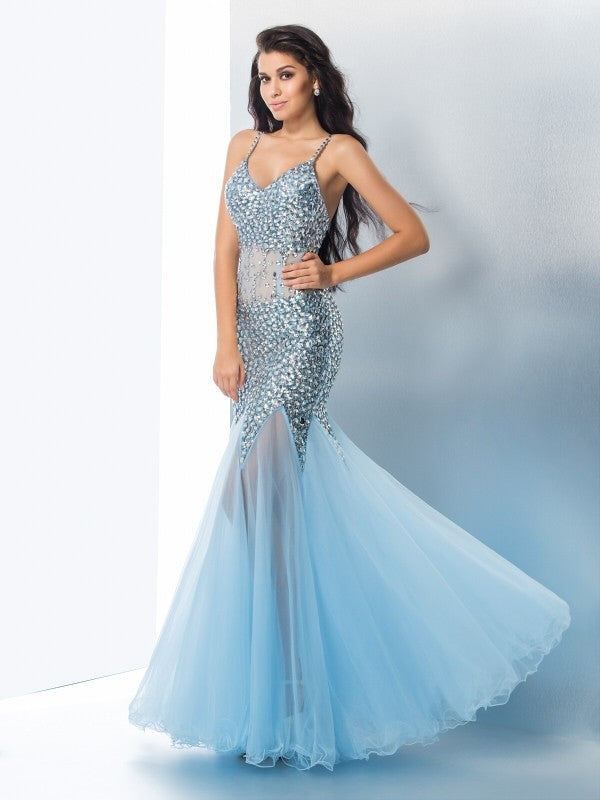 Splendidi Abiti da Sera Lunghi in Tulle con Spalline Sottili, Senza Maniche, Decorati con Paillettes a Tema Sirena