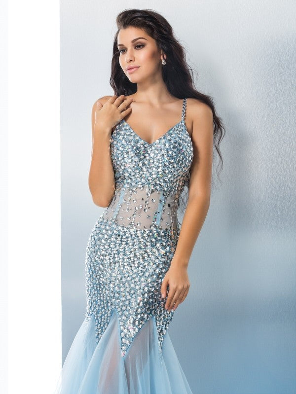 Splendidi Abiti da Sera Lunghi in Tulle con Spalline Sottili, Senza Maniche, Decorati con Paillettes a Tema Sirena