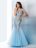 Splendidi Abiti da Sera Lunghi in Tulle con Spalline Sottili, Senza Maniche, Decorati con Paillettes a Tema Sirena
