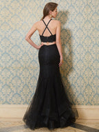 Splendido Abito da Sera a Due Pezzi in Tulle con Spalline Sottili, Senza Maniche, Applicazioni e Gonna Lunga fino a Terra, Stile Sirena