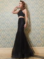 Splendido Abito da Sera a Due Pezzi in Tulle con Spalline Sottili, Senza Maniche, Applicazioni e Gonna Lunga fino a Terra, Stile Sirena