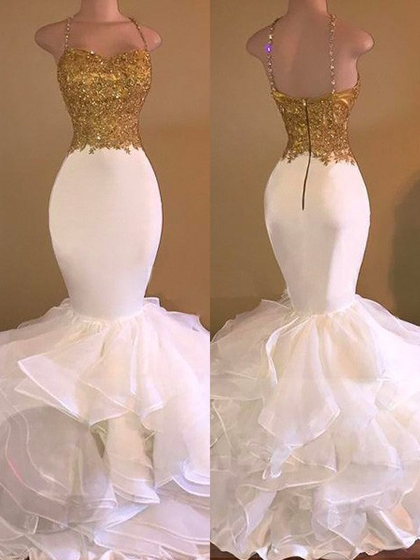 Superbes robes de bal longues en organza, sans manches, à fines bretelles spaghetti, ornées d'appliques, style sirène