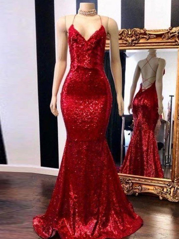 Hermosos vestidos de fiesta de sirena con tirantes finos, sin mangas y lentejuelas