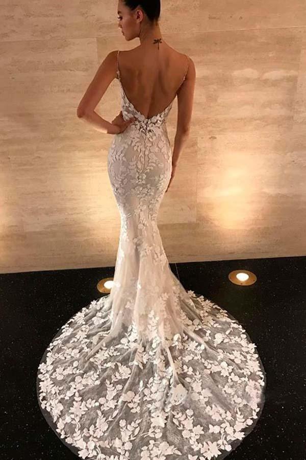Superbes robes de mariée en dentelle à bretelles sirène et dos ouvert