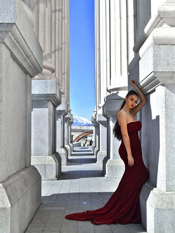 Superbes robes de bal sans manches en crêpe extensible à volants, bustier sans bretelles, style sirène
