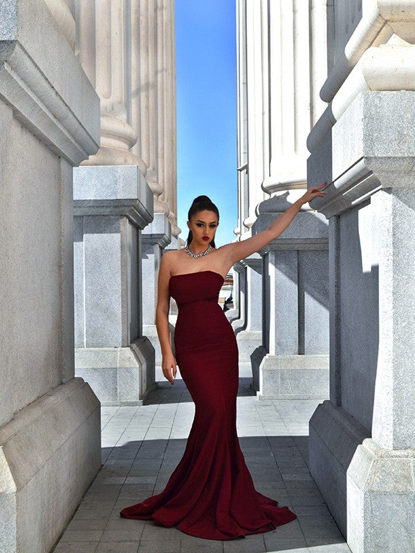 Superbes robes de bal sans manches en crêpe extensible à volants, bustier sans bretelles, style sirène
