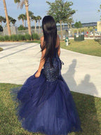 Vestidos de Baile Compridos em Tule sem Mangas com Decote Coração e Contas, Estilo Sereia Encantadora