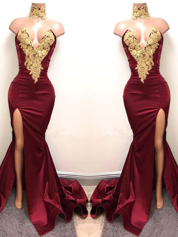 Superbes robes de bal en satin à bretelles fines, appliquées, style sirène et décolleté cœur