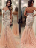 Superbes robes de bal en tulle sans manches à perles, décolleté cœur sirène