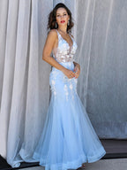 Gorgeous Mermaid Tulle V-neck Sleeveless Applique Floor-Length Prom Dresses