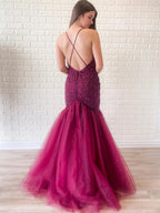 Superbes robes longues de bal en tulle perlées, dos nu, col en V sirène