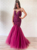 Superbes robes longues de bal en tulle perlées, dos nu, col en V sirène