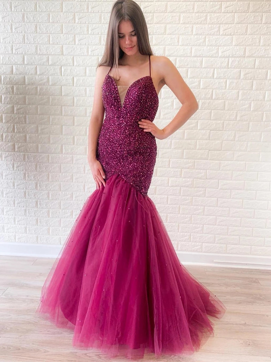 Superbes robes longues de bal en tulle perlées, dos nu, col en V sirène