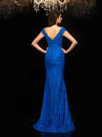 Vestidos deslumbrantes de mãe da noiva para baile, compridos, em renda, sem mangas, com decote em V e estilo sereia