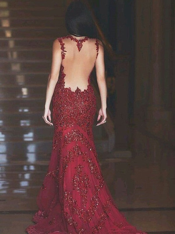 Vestidos de Baile Deslumbrantes com Aplicação de Tule, Sem Mangas e Decote em V, Estilo Sereia