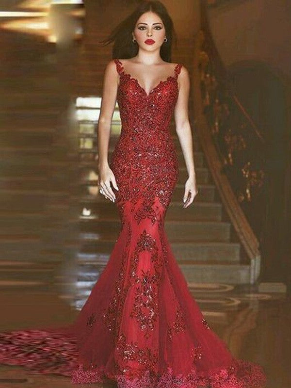 Vestidos de Baile Deslumbrantes com Aplicação de Tule, Sem Mangas e Decote em V, Estilo Sereia