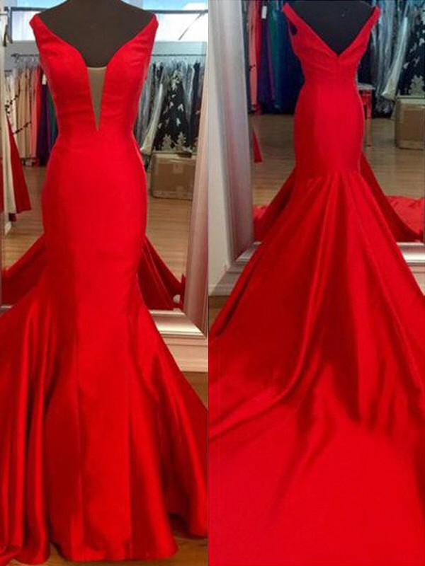 Vestidos de Baile de Cetim Deslumbrantes com Decote em V e Sem Mangas de Sereia