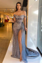 Magnifique robe de bal sirène sans manches à perles et épaules dénudées avec fente