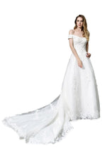 Magnifique robe de mariée blanche à épaules dénudées, coupe évasée, appliques de dentelle de jardin, robe de noces