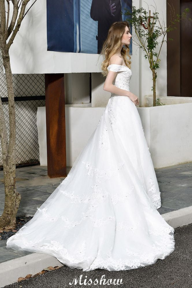 Magnifique robe de mariée blanche à épaules dénudées, coupe évasée, appliques de dentelle de jardin, robe de noces