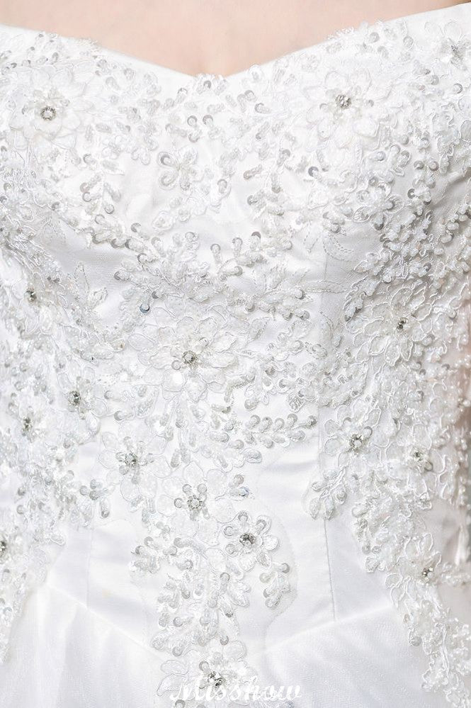 Magnifique robe de mariée blanche à épaules dénudées, coupe évasée, appliques de dentelle de jardin, robe de noces