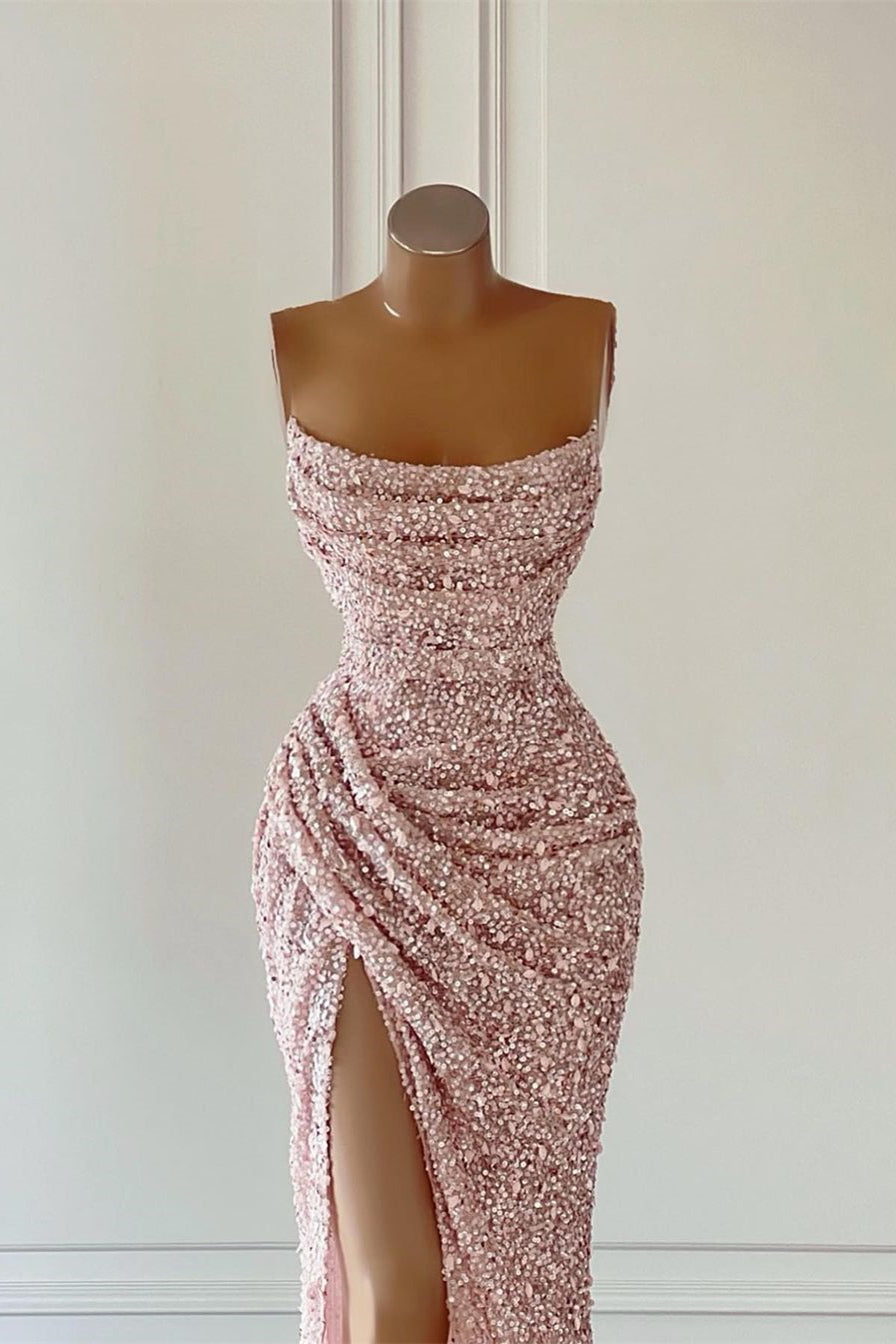 Splendido abito da sera senza maniche rosa con paillettes e spacco