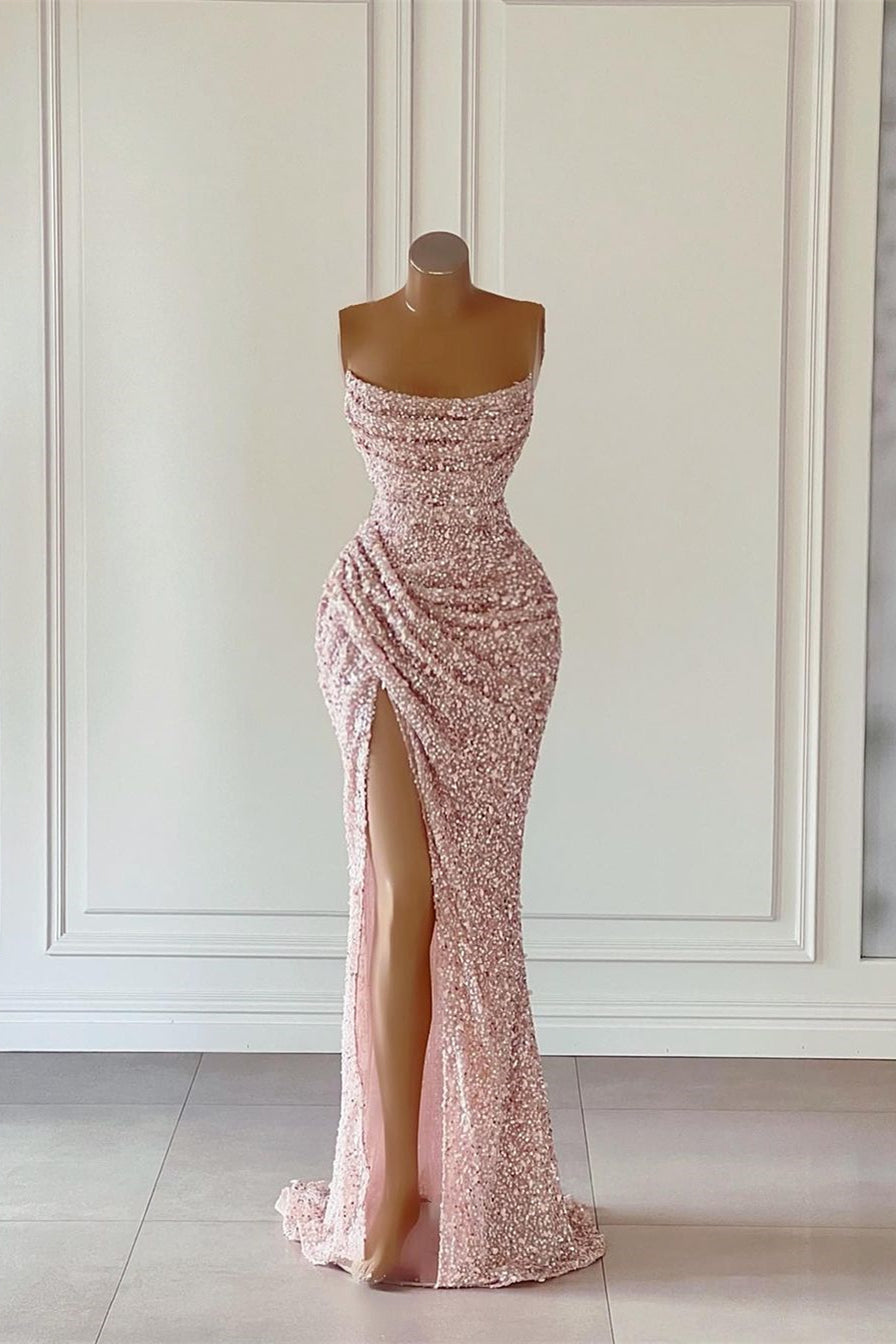 Splendido abito da sera senza maniche rosa con paillettes e spacco