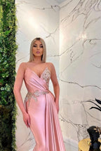 Vestidos de Baile Compridos até ao Chão, Sem Mangas, com Alças Finas Cor-de-Rosa Deslumbrantes, Estilo Sereia