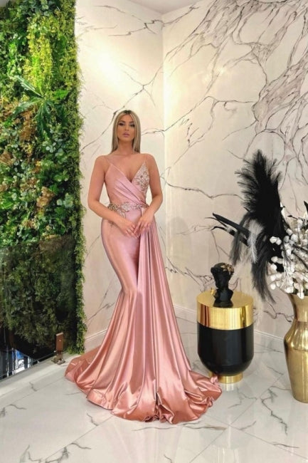 Vestidos de Baile Compridos até ao Chão, Sem Mangas, com Alças Finas Cor-de-Rosa Deslumbrantes, Estilo Sereia