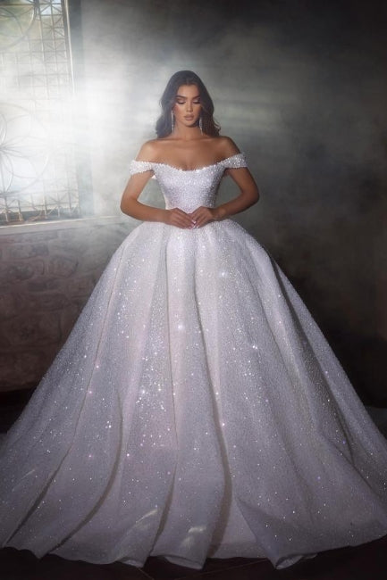 Superbes robes de mariée princesse en ligne A à épaules dénudées avec paillettes