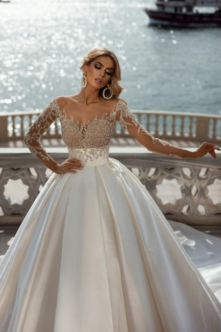 Vestidos de Noiva em Cetim, Linha A, Decote em V, Princesa Deslumbrante, com Mangas Compridas