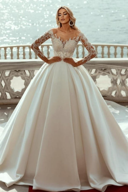 Vestidos de Noiva em Cetim, Linha A, Decote em V, Princesa Deslumbrante, com Mangas Compridas